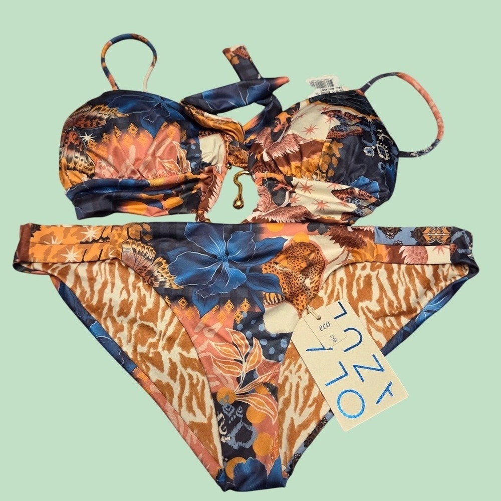 NWT Ola Azul Bikini Swimsuit Small Karol Top Alana Bottom Multicolor Eco Print - Picture 2 of 9